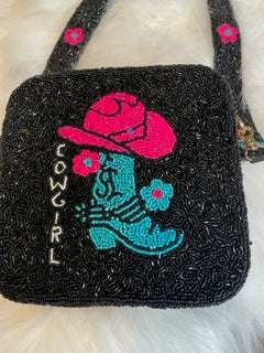 Cowgirl boot & Hat Seed Beaded Cross Body Bag