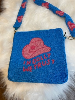 Cowgirl Sead Bead Crossbody, "In Dolly We Trust" Seed Bead Bag with Matching Detachable Cowboy Hat Seed Bead Strap/Purse