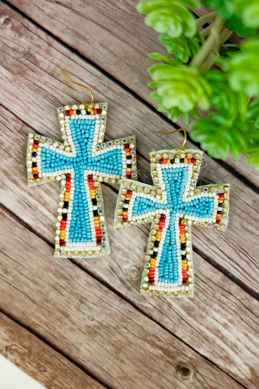 CRAMERTON CROSS TURQUOISE AND WHITE SEED BEAD EARRINGS/Jewelry