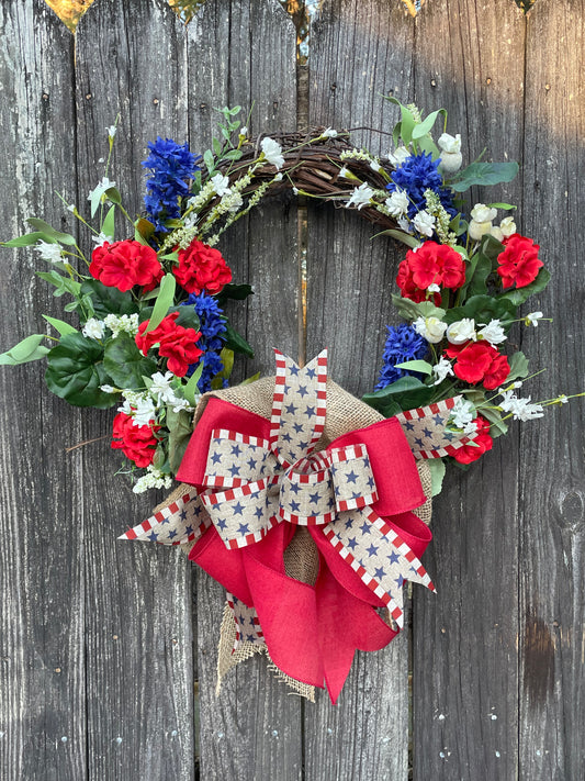Patriotic Red , White and Blue Front Door Floral Wreath