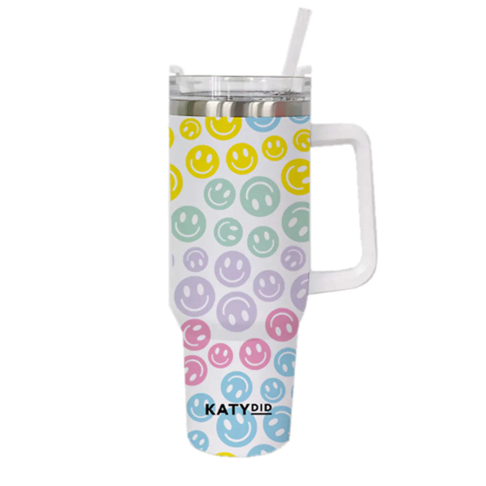 PASTEL HAPPY FACE TUMBLER CUP WITH DRINKING STRAW/Katydid