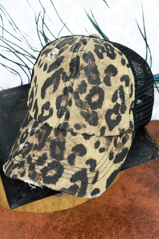 DISTRESSED LOXIE LEOPARD MESH PONYTAIL Hat