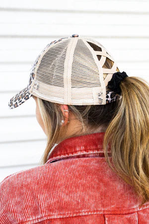 HAT-PNY-LEOP-TAN  DISTRESSED LYNDI LEOPARD MESH PONYTAIL Hat