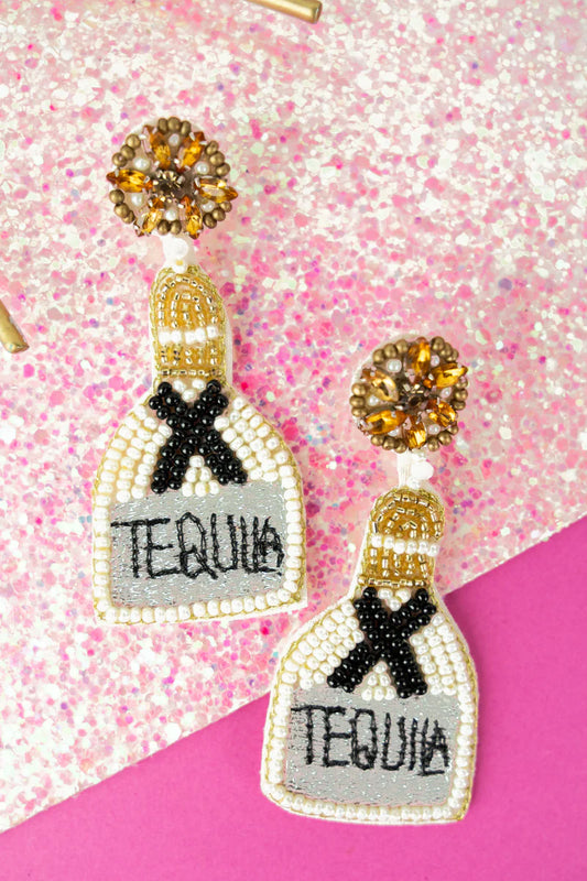 BEJEWELED BLACK AND WHITE TEQUILA BOTTLE EARRINGS Seed Bead/Jewelry